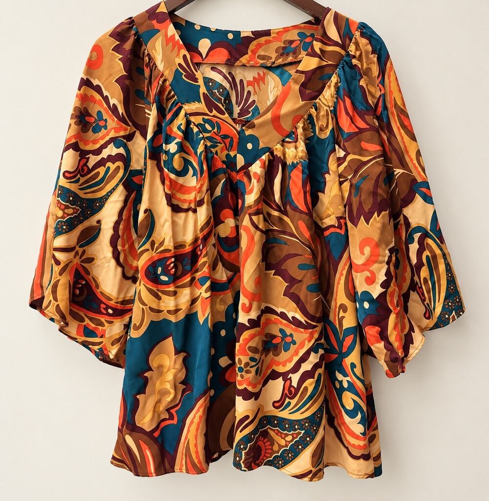 Easel Blouse Womens Large Paisley Boho Bell Sleeve V Neck Flowy Top Teal
NWOT